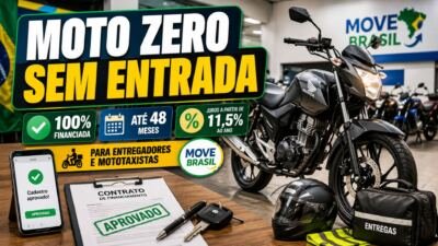 Move Brasil financia motos zero km sem entrada para entregadores e mototaxistas, com juros a partir de 11,5% ao ano e prazo de 48 meses.