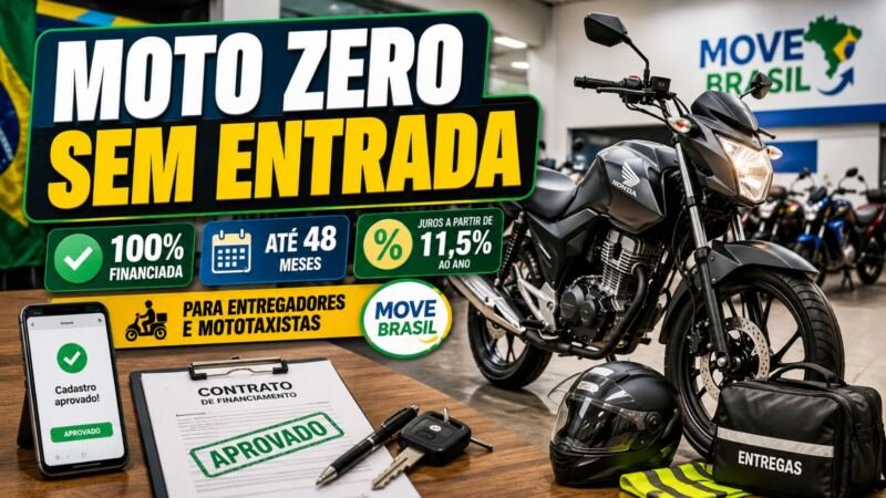 Move Brasil financia motos zero km sem entrada para entregadores e mototaxistas, com juros a partir de 11,5% ao ano e prazo de 48 meses.