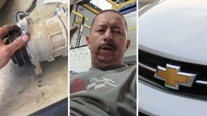 Mecânico alerta para riscos de compressor recondicionado, contaminação por limalha e falhas no sistema de ar-condicionado automotivo.