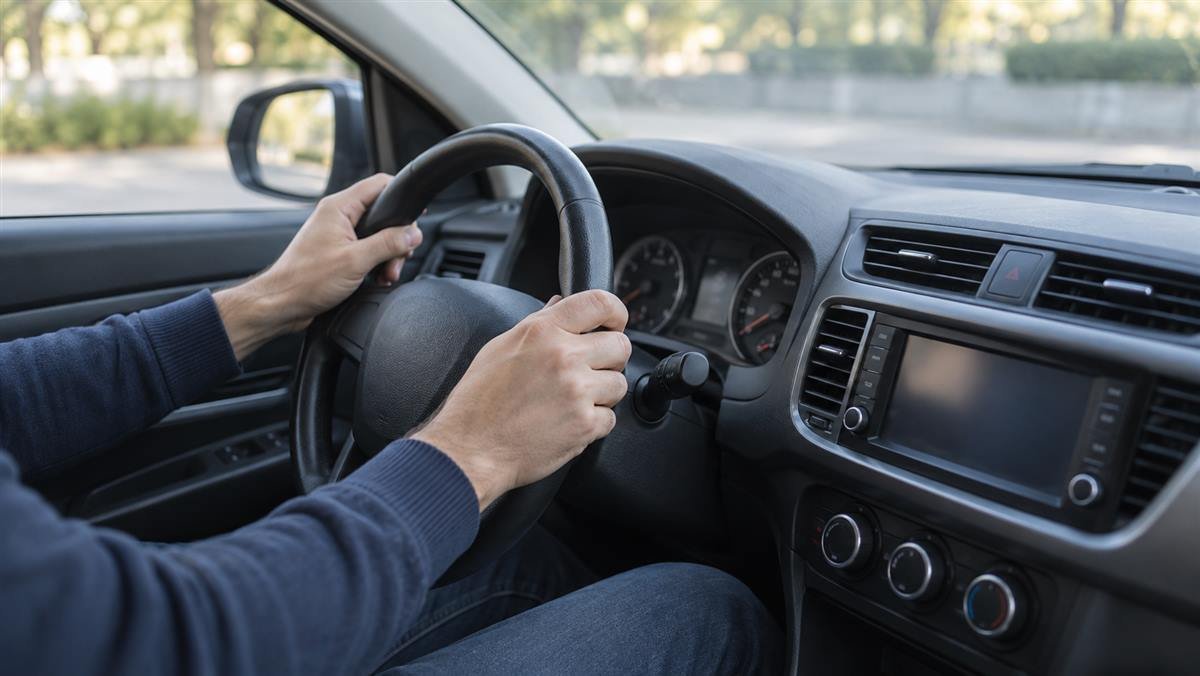 Mãos no volante de carro estacionado durante avaliação de funcionamento.