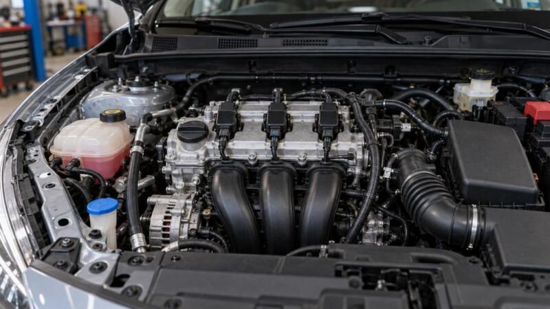 Foto de motor de três cilindros em cofre de carro sem identificação de marca.