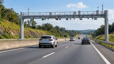 Carro sem identificação de marca em tráfego urbano com distância de segurança.