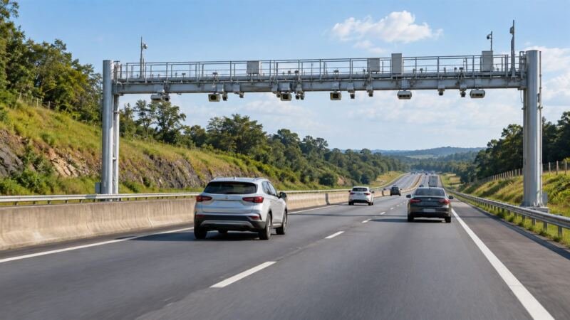 Carro sem identificação de marca em tráfego urbano com distância de segurança.