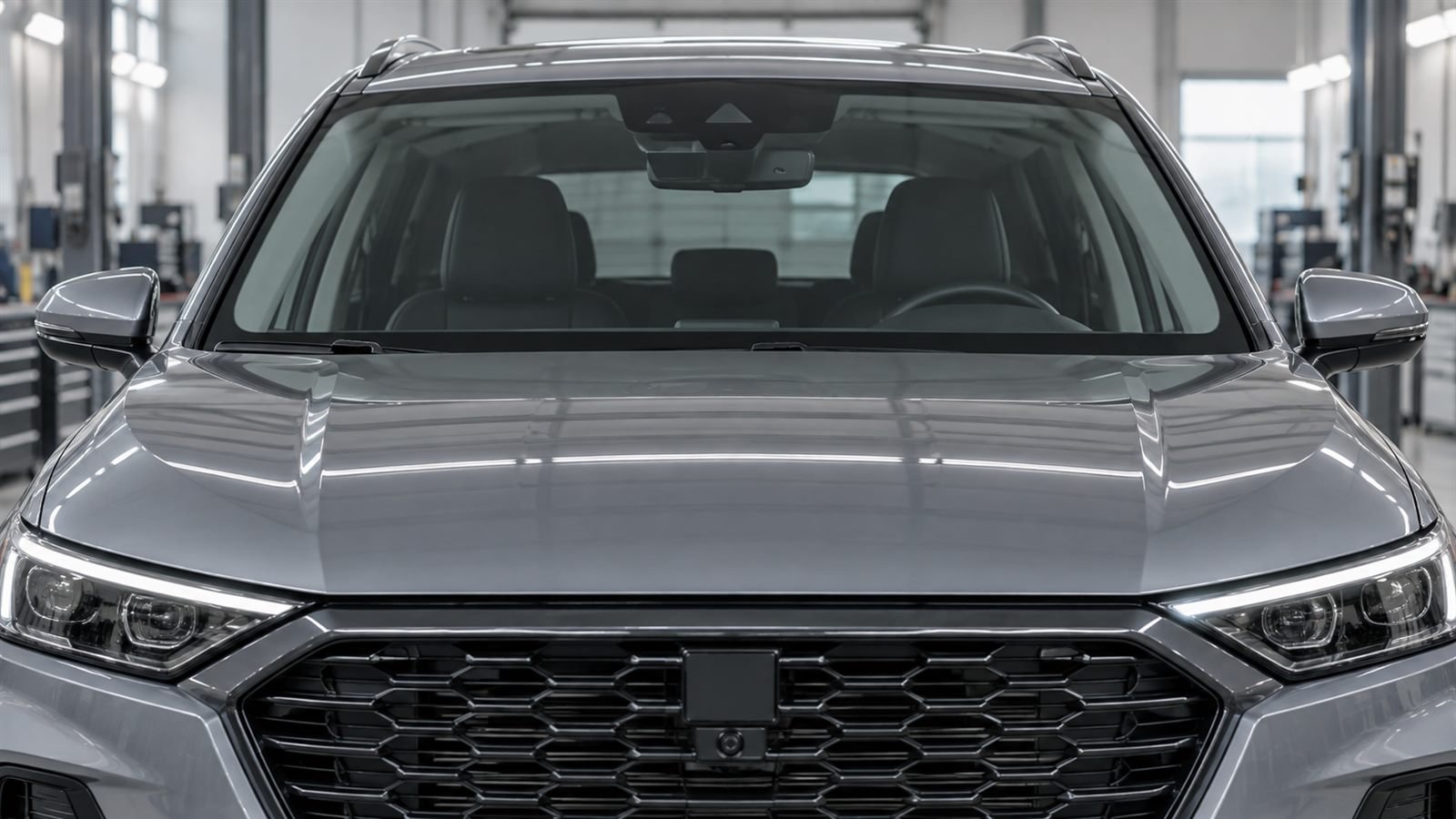 Câmera e sensor dianteiros em carro sem identificação de marca.