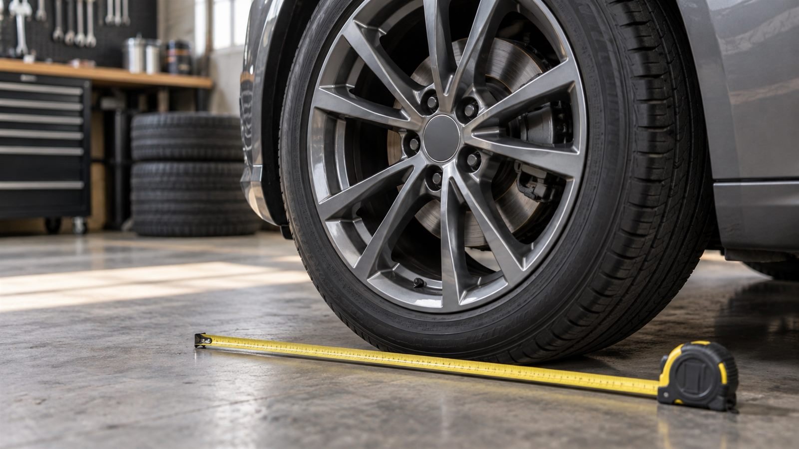 Roda de automóvel ao lado de fita métrica em ambiente de oficina.