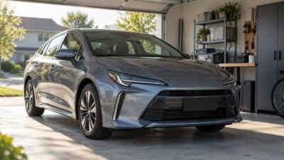 Carro híbrido sem identificação de marca em garagem residencial.