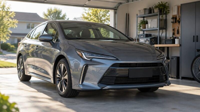 Carro híbrido sem identificação de marca em garagem residencial.