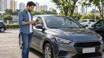 Proprietário consulta informações do veículo pelo celular ao lado de um carro