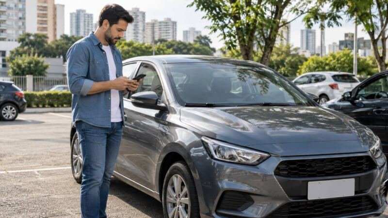 Proprietário consulta informações do veículo pelo celular ao lado de um carro