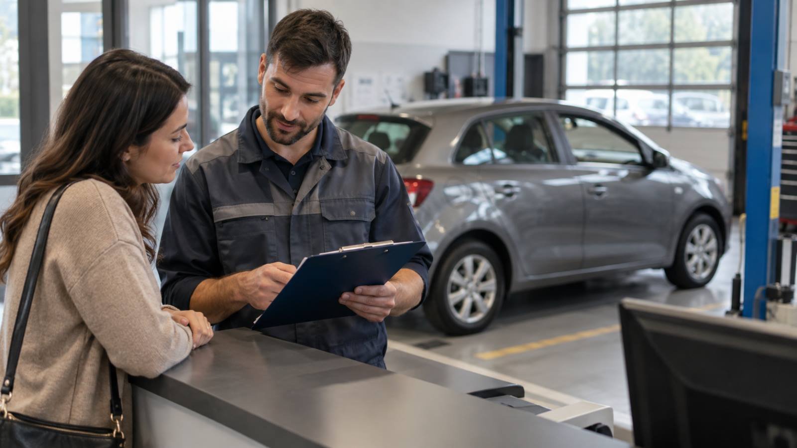 Atendimento em oficina com proprietário e profissional diante de um carro