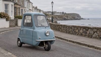 Microcarro genérico de três rodas em rua litorânea
