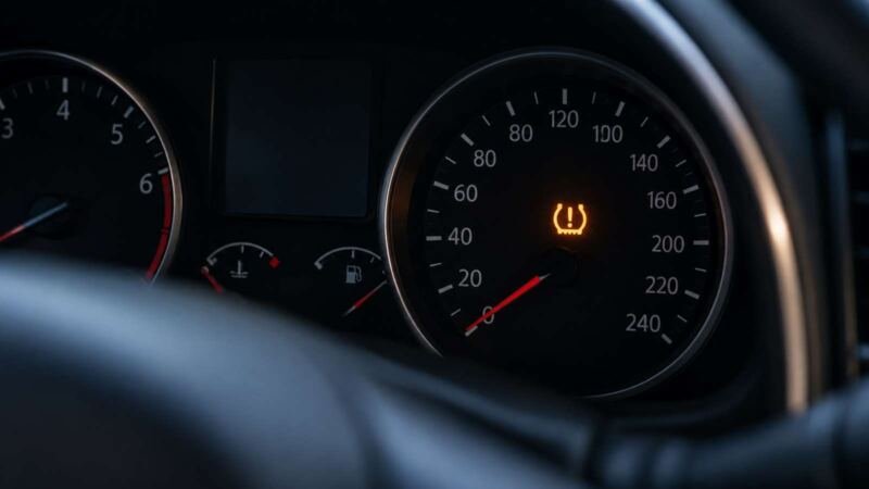 Luz de pressão dos pneus acesa em painel de carro