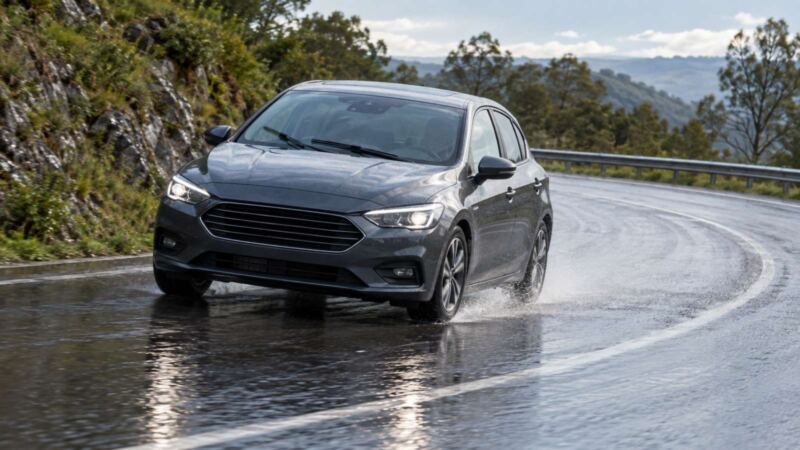 Carro genérico em curva com asfalto molhado
