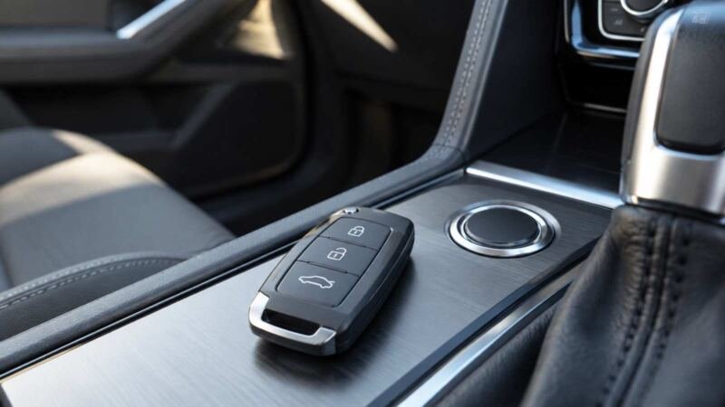 Chave presencial sobre o console de um carro com ignição por botão