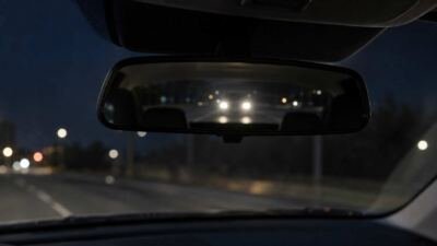 Retrovisor interno refletindo faróis de um veículo atrás durante a noite
