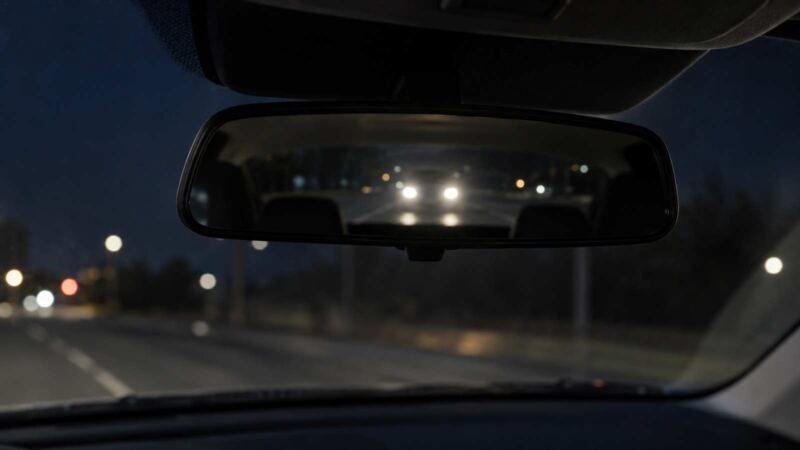Retrovisor interno refletindo faróis de um veículo atrás durante a noite