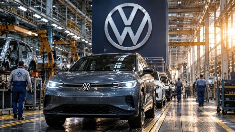 Linha de montagem da Volkswagen com um SUV em primeiro plano e funcionários ao redor.