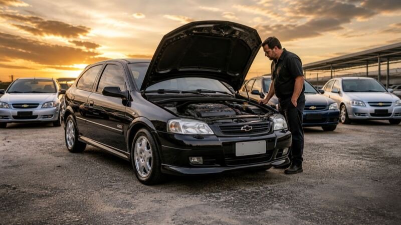 Chevrolet Astra preto com capô aberto, cercado por outros exemplares do modelo.